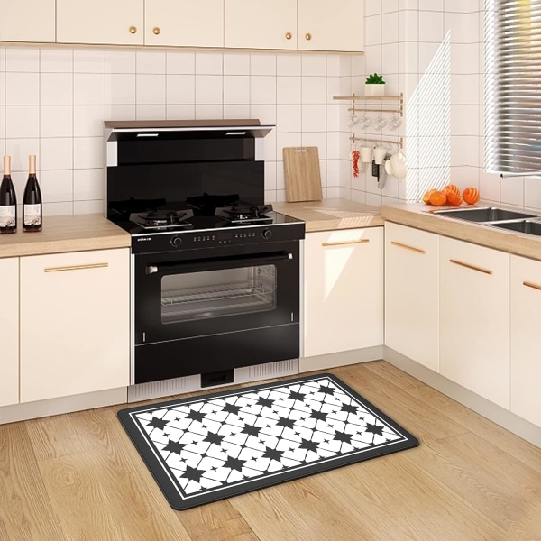 Black and White Kitchen Mats for Floor One Piece, Modern Geometric Criss Cross Pattern Kitchen Standing , Laundry