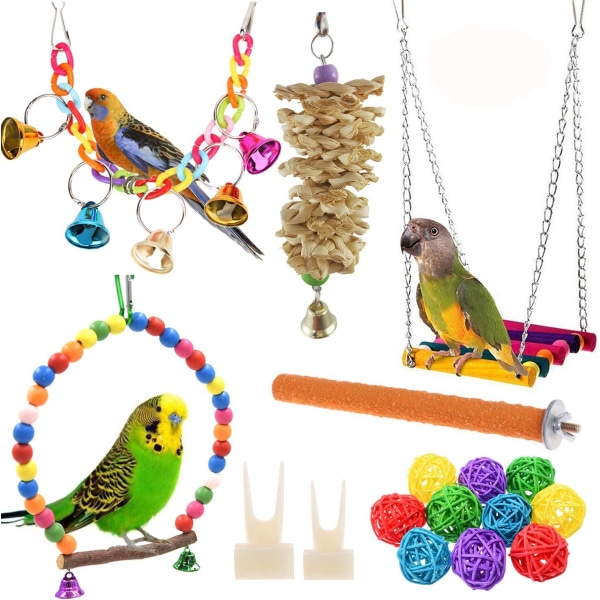 12 Pack of Bird Parrot Swing Chew Toys - Wall clock bird cage toys for small parrots, cockatoos