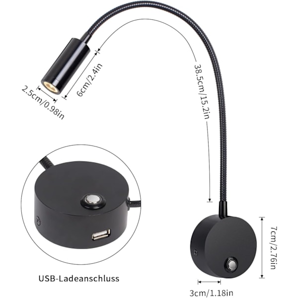 Vegglampe til lesing, LED veggmontert sengelampe, 3W 360° svingbar sengelampe med plugg, 3000-6000K, svart [Energiklasse C]