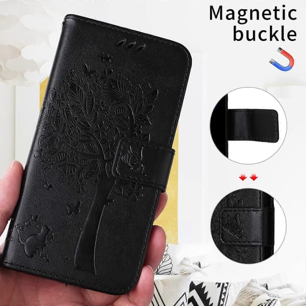 Cat Tree Pattern Leather Wallet Phone Case For Samsung Galaxy A36 5G, with Stand (Black)