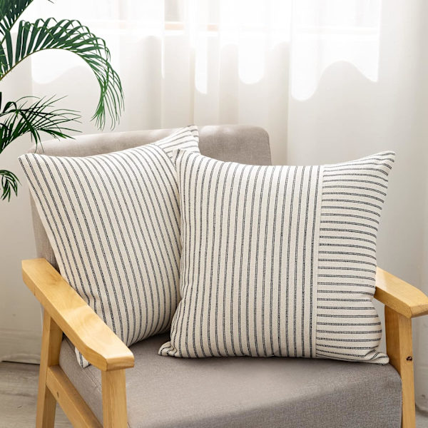 Pudebetræk 18x18, Moderne Accent Firkantede Pudebetræk Sæt af 2, Sort og Beige Stribet Patchwork Linned Dekorative Puder