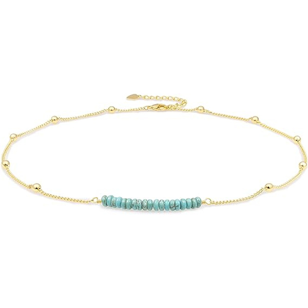 18K Guld Satellit Perleformet Kantkæde Choker Turkis Granat Perler Bar Halskæde Håndlavet Vedhæng Smykker Justerbar til Kvinder 16”+ 2”