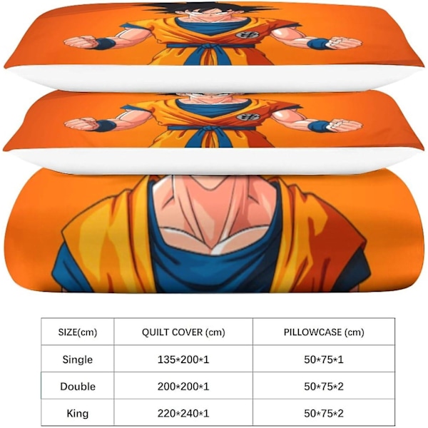 Dragon Ball Goku Premium -vuodevaatesetti piilovetoketjulla - 3-osainen anime-pussilakanasetti upealla 3D-painatuksella ja tyynyliinoilla, pojille ja Single135x200cm