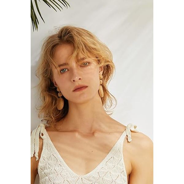 Boho Raffia Kugle Øreringe til Kvinder, Statement Raffia Runde Drop Øreringe - Sommer Strand Ferie Smykker