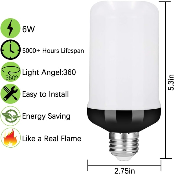 LED-flamma glödlampa, uppgraderad 4 lägen brandljuslampor med upp och ner effekt, E26 bas flimrande glödlampor (2 st)