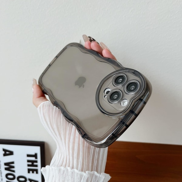 för iPhone 13 Pro Max Case 6,7", sött genomskinligt Love Case, med Love-Heart kameraram Wavy Edge Transparent Helsvart