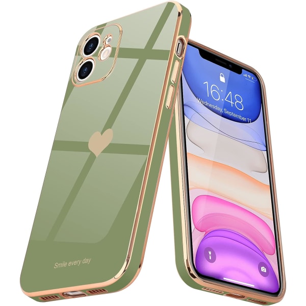 Yhteensopiva iPhone 11 -kotelon kanssa tytölle Naiset Söpö Rakkaus-Sydän Luxury Bling Plating Pehmeä Takakansi Nostettu Täysi Kamera, Vaaleanvihreä