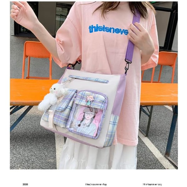 Kawaii Ryggsäck Japansk skolväska Estetisk Söta plädade väskor Harajuku Tote Ita Bag Crossbody Girls Kawaii Stationär (lila, One Size)