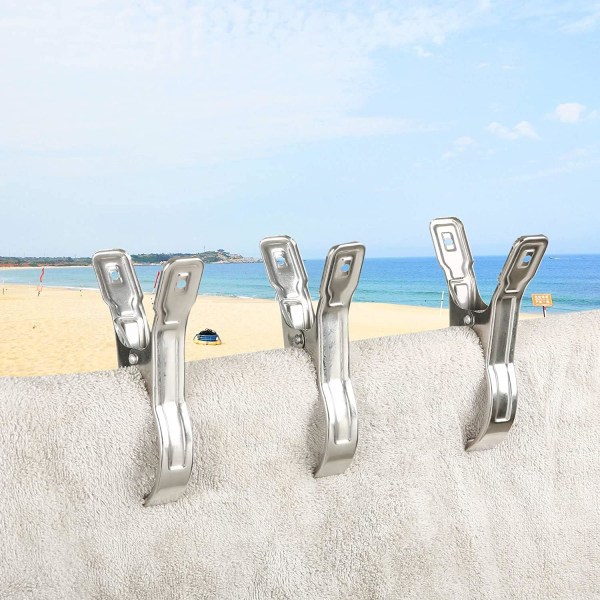 6 stk. store strandhåndkleklips i rustfritt stål, klesklype for strandhåndkle, stor håndkleklips i metall for strandbasseng