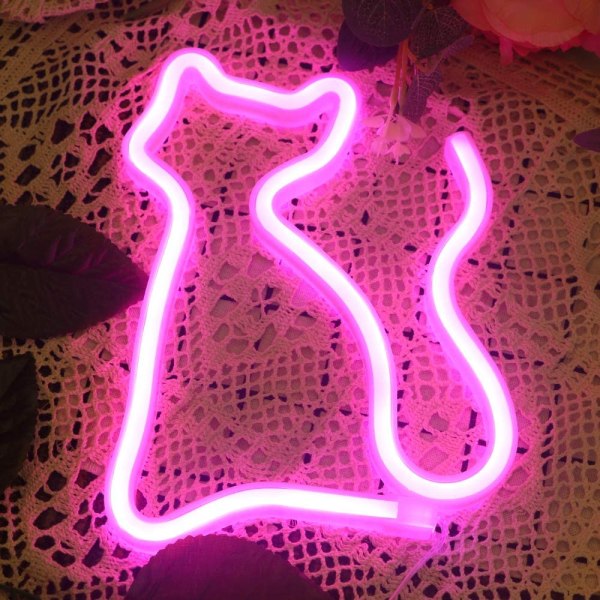 Led-neonvalot seinäkoristeluun, USB- tai paristokäyttöiset, yövalot, lamput, taidekoristelu, seinäkoristelu, pöytävalaisimet - Kissa - Vaaleanpunainen