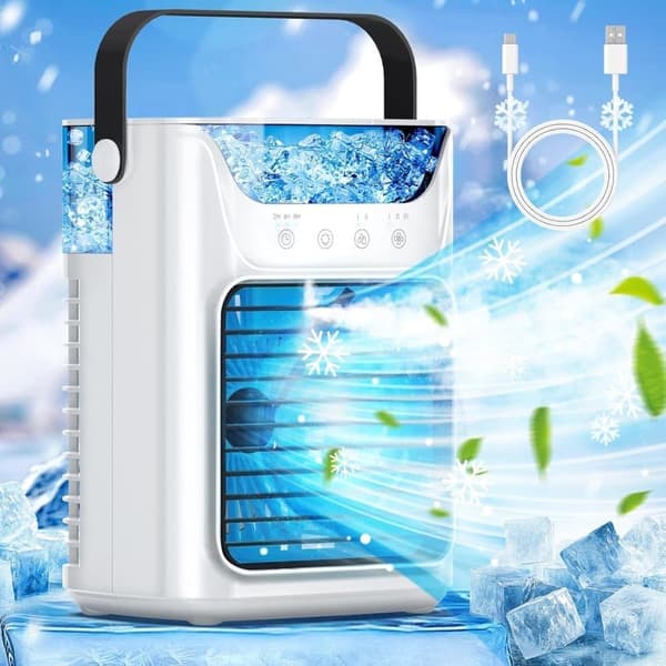 Bærbar Luftkøler - 700 ml Vandtank, 3 Hastigheder, Timer, 7 LED-lys