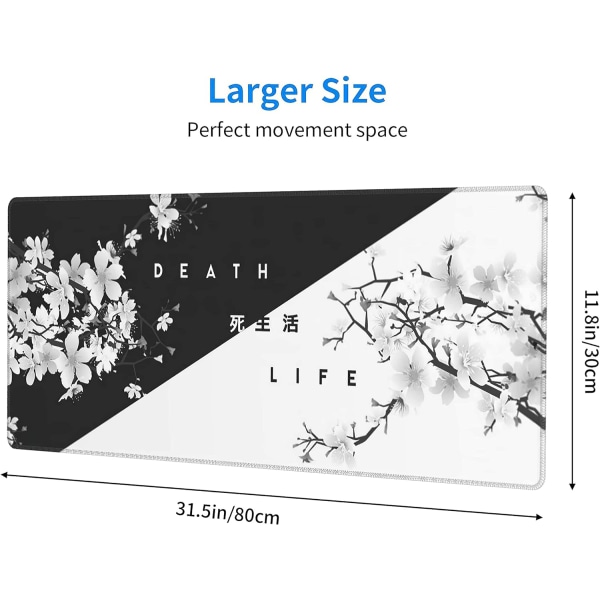 Black White Cherry Blossom musmatta Sakura Death Life Extended Skrivbordsmatta 80X30 cm Halkfri gummibas sydd kant
