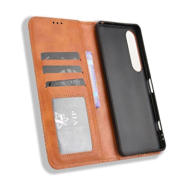 For Sony Xperia 1 VII Leather Case Wallet Stand Retro Texture Phone Cover (Brown)
