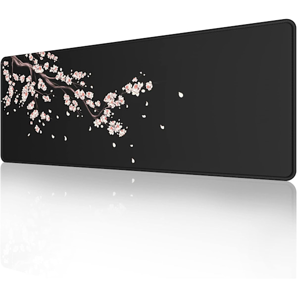 Japansk Blomster Sort Musemåtte (31,5 × 11,8 × 0,12 tommer) Udvidet Stor Musemåtte Skrivebordsmåtte, Syede Kanter Musemåtte