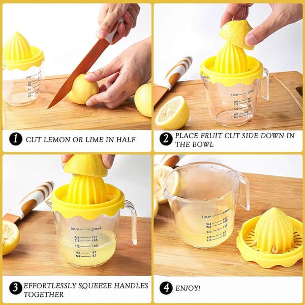 Stor manuell citronpress med mätkopp, gul citruspress i plast, juiceutbyte