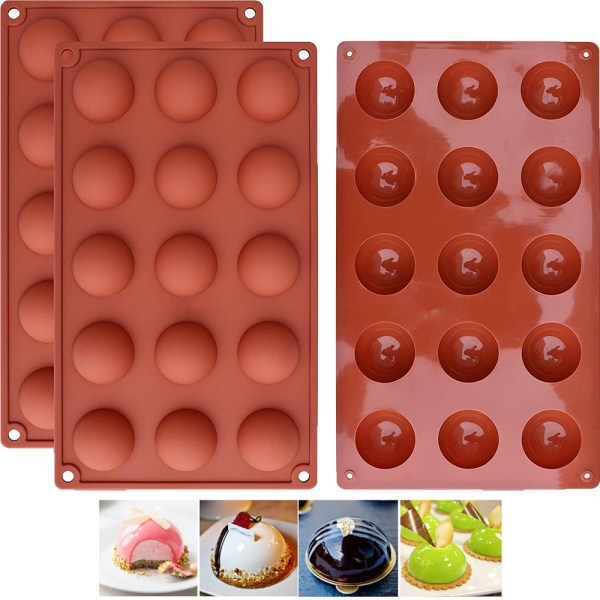 15-Cavity Semi Sphere Silicone Mold, 3 Packs Baking Mold for Making Chocolate, Cake, Jelly, Dome Mousse