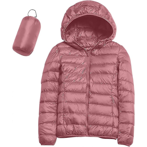 Lättvikts Dunjacka med Huva för Dam, Packbar Vadderad Jacka, Ultralätt Kort Dunjacka med Förvaringsväska från GuanGuan H-pink X-Large