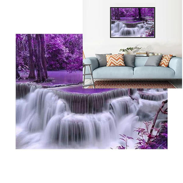 5D DIY timanttimaalaussetti, ristipistokoristelu (numeroitu) Kodinsisustus (Violetti vesiputousmaisema)