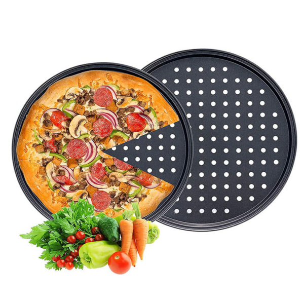 Pizzabrett, pizzasett 2 deler, non-stick pizzabakebrett med hull, karbonstål, sprøtt brett, rundt