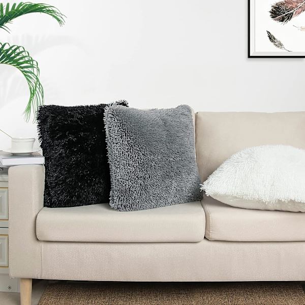 Et sæt med 2 pudebetræk 20x20, sort fluffy pudebetræk, luksuriøst kunstpels firkantet sofapudebetræk, sofa, stue, soveværelse, uden pudebetræk