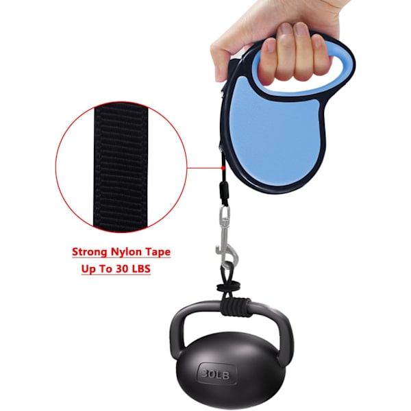 Indtrækkelig hundeline, 16 fod [stærk nylonrem] 360° Tangle-Free til små mellemstore hunde op til 30 lbs, enhåndsbremse, pause, lås (babyblå)