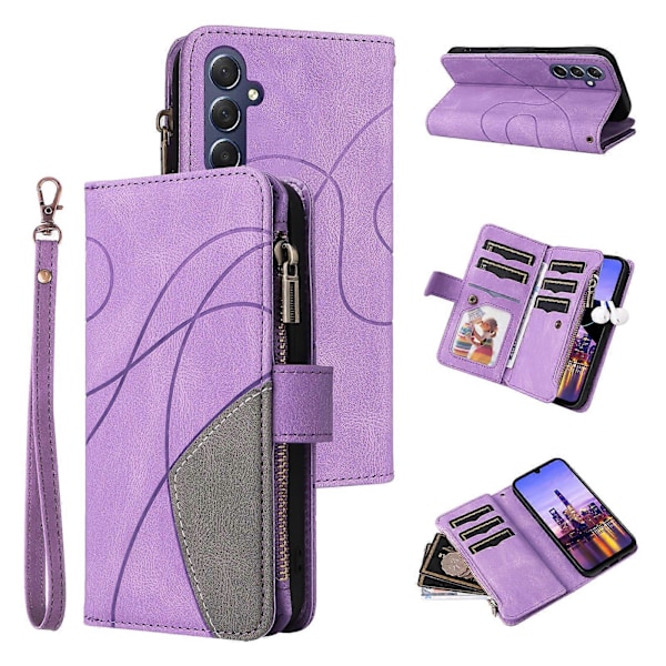 Multi-funktionelt Etui til Samsung Galaxy A16 Etui Lynlås Pung Læder Telefon Cover Stativ Purple
