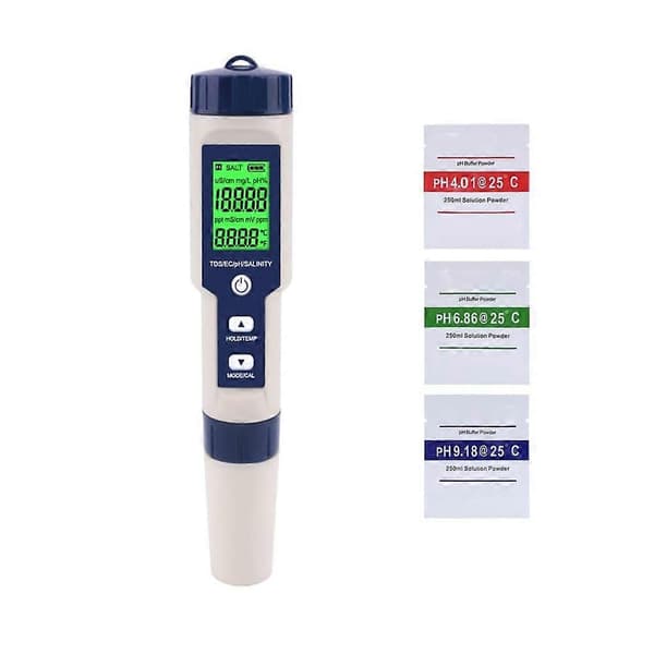 PH-meter, 5-i-1 PH/TDS/EC/Salinitet/Temperaturmåler, Vandkvalitetsmonitor Tester til Pools, Hydroponics, Drikkevand, Akvarier
