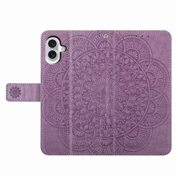 Compatible Leather Case for iPhone 17 with Strap / Card Slots Mandala Pattern Stand Phone Cover (Purple)