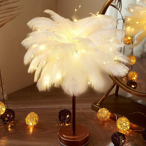 LED Feather Table Lamp with Remote Control, 3-Speed Timing / 3-Speed Brightness Adjustment (25% / 50% / ) / 3-Speed Mode Setting, Modern Nordic