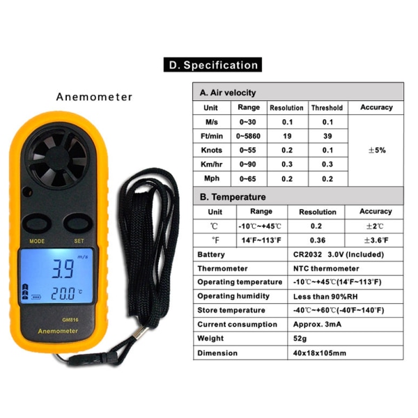 Digitaalinen anemometri Anemometri GM816 Anemometri Tuulen nopeus Anemometri