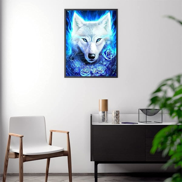 5D DIY Varg Diamantmålning efter nummer-kit, Blå varg med ros Diamantkonstkit för vuxna, Perfekt för väggdekor och presenter, 11,8 x 15,7 tum
