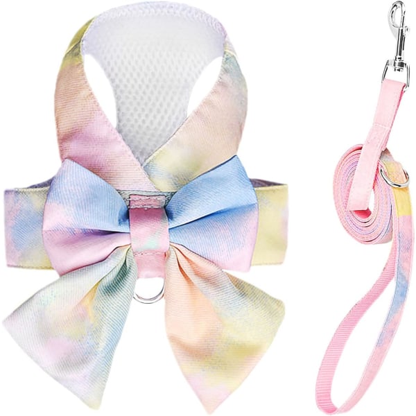 Cute Bow Tie Dog Harness and Leash Set Elegant Rainbow Gradient Puppy Harness No Pull Soft Mesh Pet Cat Dog Vest Harnesses, M-Yellow