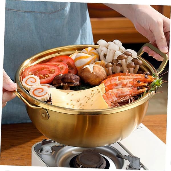 Koreansk Ramen Gryte i Rustfritt Stål med Lokk, Dobbelthåndtak Suppekjele for Pasta, Egg, Sauser