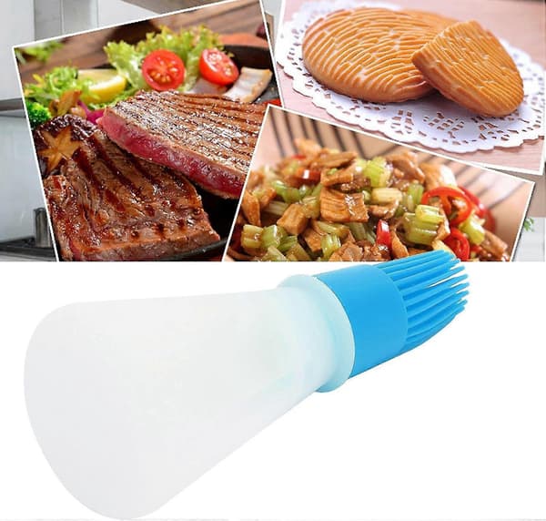 Oljedispenser med borste, glasflaska och värmebeständig silikon för matlagning, blå