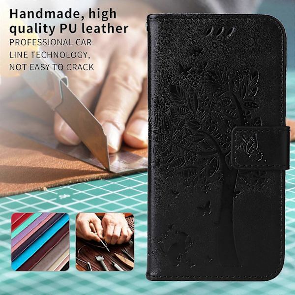 Cat Tree Pattern Leather Wallet Phone Case For Samsung Galaxy A36 5G, with Stand (Black)