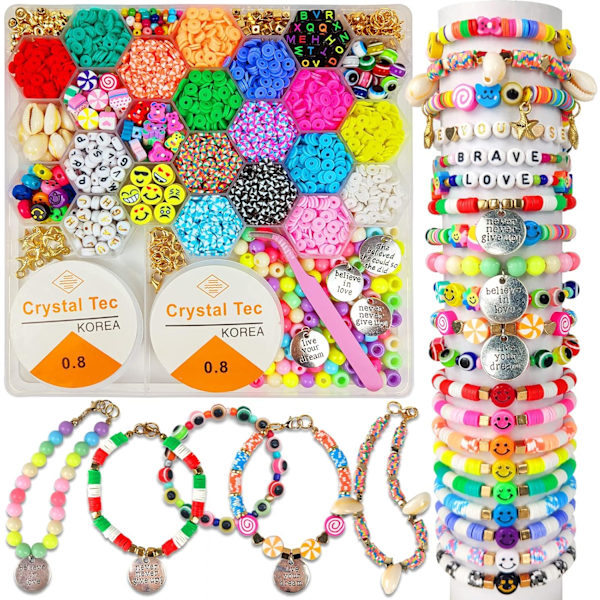 DIY Kunst og Håndverk Sett med Smiley Ansiktsbokstaver Perler, Gaver Leker for Jenter 6-12 År, Flat Leire Perler for Smykke Armbånd Lagingssett