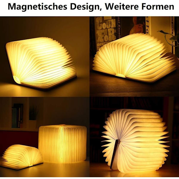 Træ sammenklappelig boglampe, magnetiske LED-boglamper, dekorative lys/nattelys, USB genopladelig bordlampe (hvid ahorn)