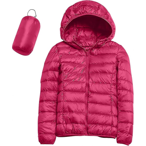Lett, avslappet dunjakke med hette for kvinner, pakkbar pufferjakke, ultralett kort dunjakke med oppbevaringspose fra GuanGuan D-hot Pink X-Large