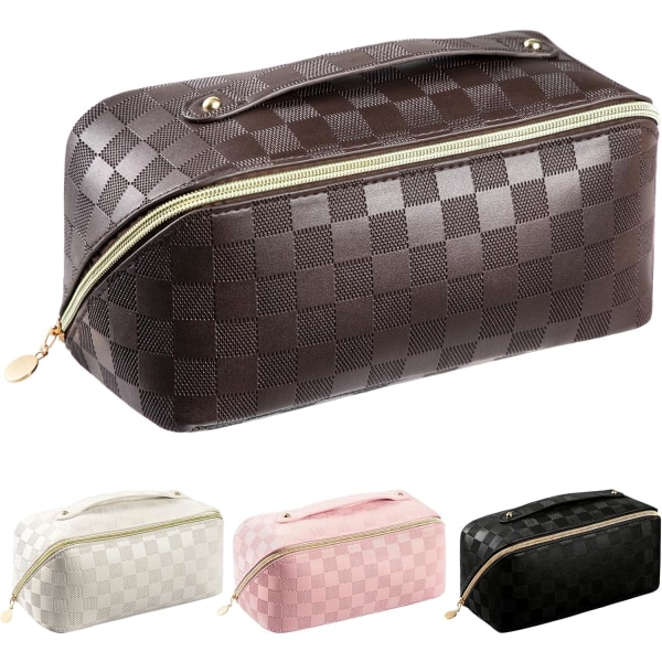 Makeup Bag - Large Capacity Travel Cosmetic Bag for Women,  Washable Waterproof Beauty Zipper Makeup Organizer PU Leather, Khaki