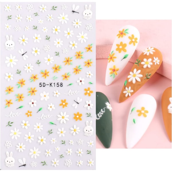 4 ark 5D-präglade nagelklistermärken självhäftande färgglada blommornagelklistermärken för nail art