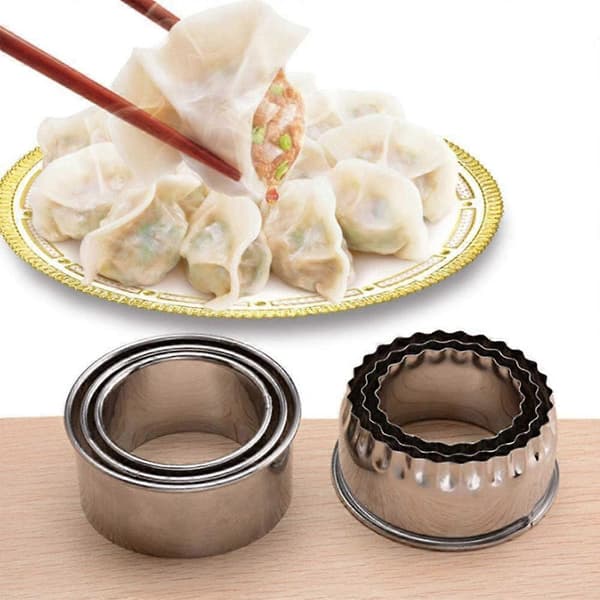 3 stk. dumplingkuttersett i rustfritt stål med bølget kant for rund deig
