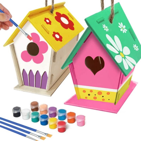 Hantverk för barn i åldrarna 4-8 - Paketet för självhushåll för fågelhus - Bygg och måla fågelhus (inkluderar färger och penslar) - A
