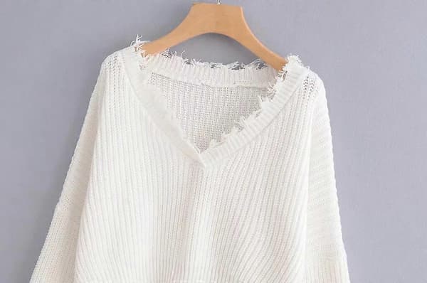 Dam V-ringad Lösstickad Tröja Långärmad Riven Jumper Pullover Crop Top Tröjor Vit