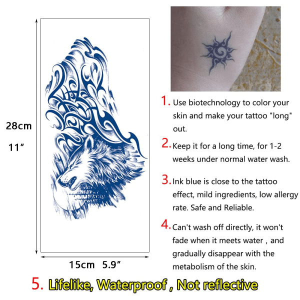 Semipermanenta tatueringar för män Vuxna, 4-pack Kit Stor Realistisk Långvarig Makeup Tillfällig Tatuering Look