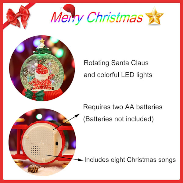 Snöglober med julmusik, julmusiklåda och snurrande jultomte med LED-belysning, åtta julsånger och batteridriven