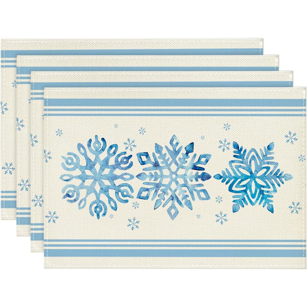 Snöflingor Randiga Bårder Vinter Placemats Set om 4, 12x18 Tum Jul Semester Bordsmattor för Fest Kök Mat Dekoration
