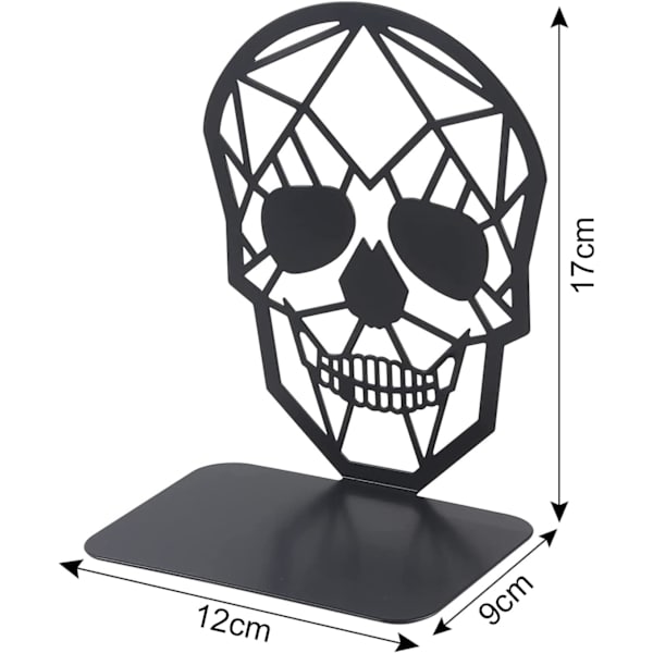 Bogstøtter i sort metal, moderne bogstøtte i kranie-design, skridsikker bogstøtte i kraftig holder (2 par/4 stk., stor)