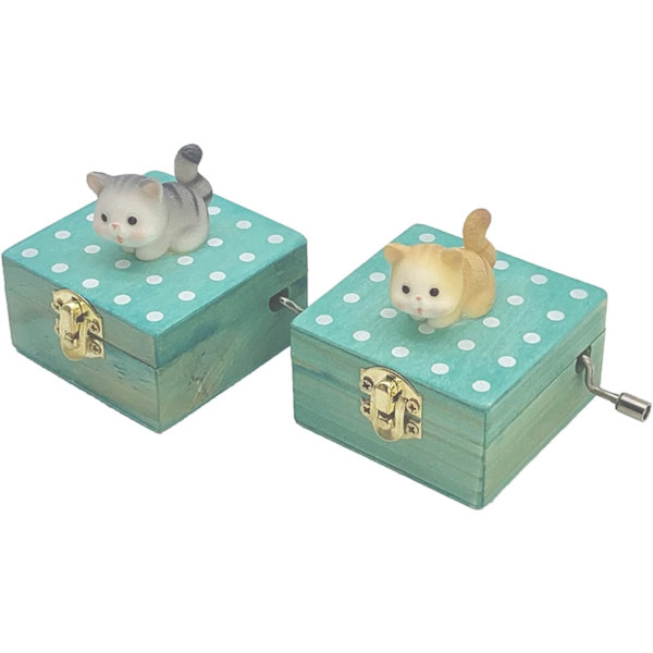 Presentförpackad Mini Trä Handvev Musikbox med Söt Katt (Melodi: Castle in The Sky) (Brunaktig Gul)