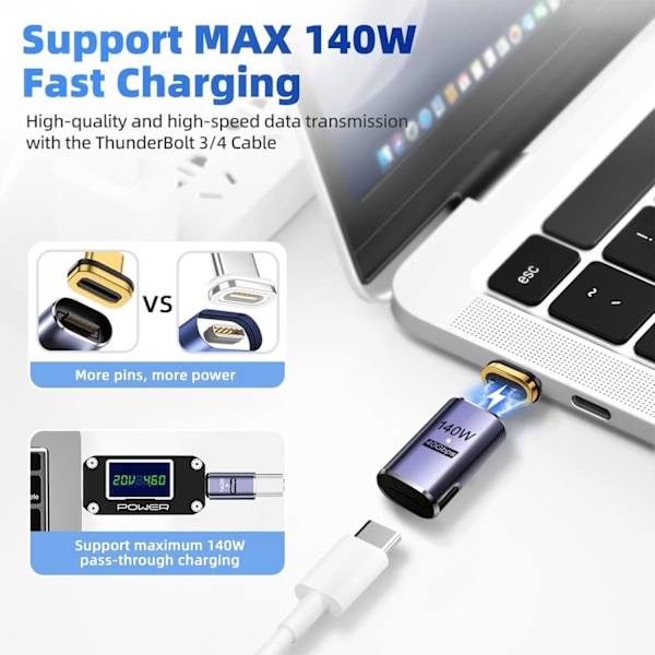 2 kpl USB C magneettiadapteria, PD 140W, 40GBP tiedonsiirto, magneettinen USB-C-adapteri, tyypin C magneettinen liitin kannettavalle puhelimelle HDTV:lle