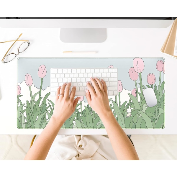 Akvarell Tulipan Blomster Musematte, Utvidet Gaming Musematte XXL Kawaii Anime Rosa Grønn Stor Full Skrivebord for Trådløs Mus Tastatur 31,5\"x15,75